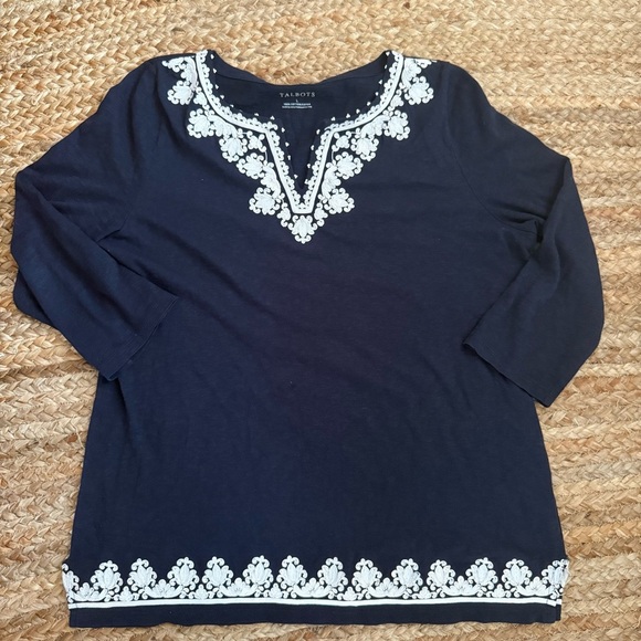 Talbots Large Blue & White Cotton Embroidered 3/4 Sleeve Blouse - Picture 1 of 5